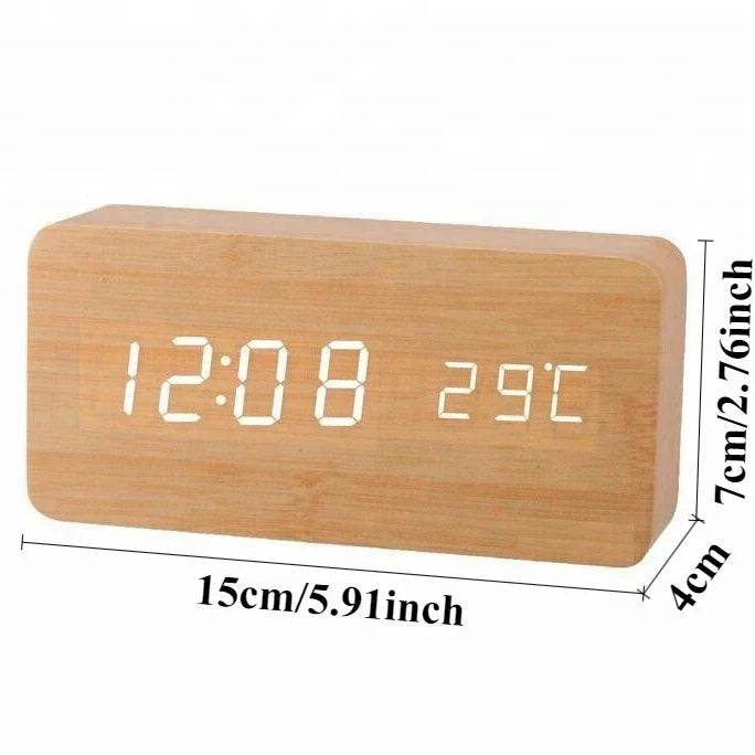 Digital LED Wooden Alarm Clock With Temperature Voice Control Snooze Electronic Desk Clock USB AAA Power Supply Decorations Home