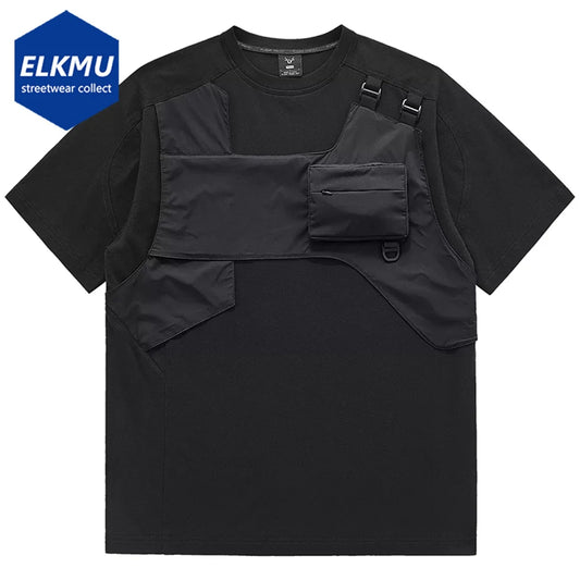 2024 Men Fashion Techwear T Shirt Pocket Splicing Cargo Tops Black Harajuku Streetwear Oversized Hip Hop T-shirts for Male