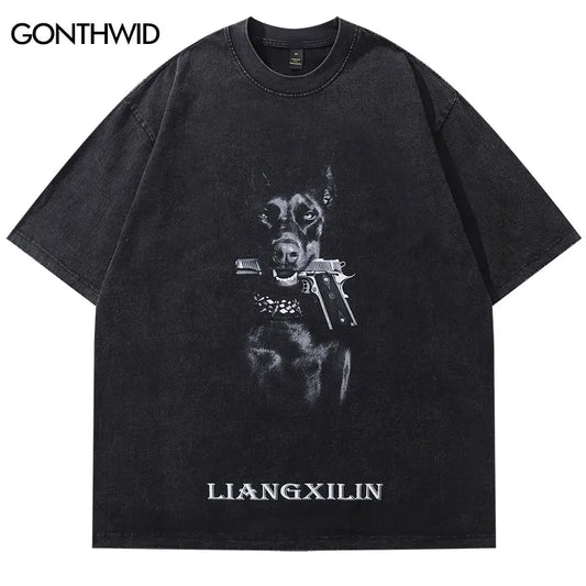 Black Doberman Dog Gun Oversized T-Shirt