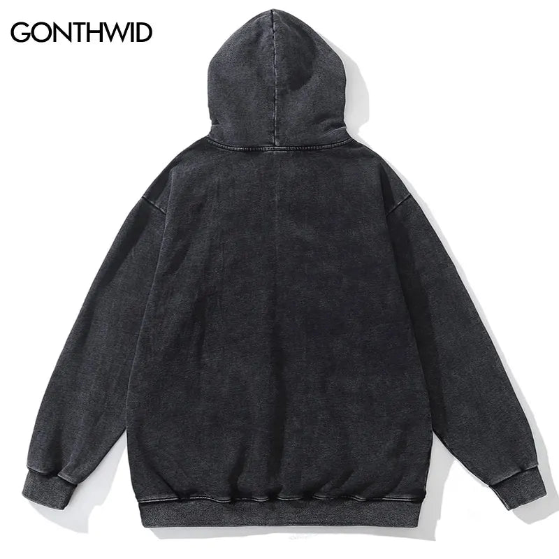 Hip Hop Hoodie Streetwear Vintage Skeleton Skull Print Oversize Punk Gothic Hooded Sweatshirt Harajuku Casual Loose Washed Tops