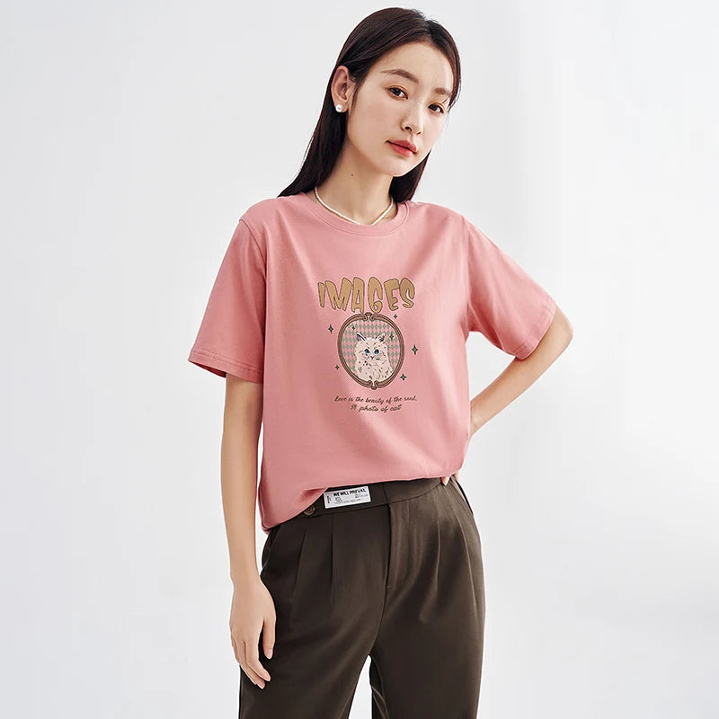 Toyouth Women T-shirt 2023 Spring Short Sleeve O Neck Loose Tees Cute Graphic Print Four Colors Pure Cotton Comfort Casual Tops