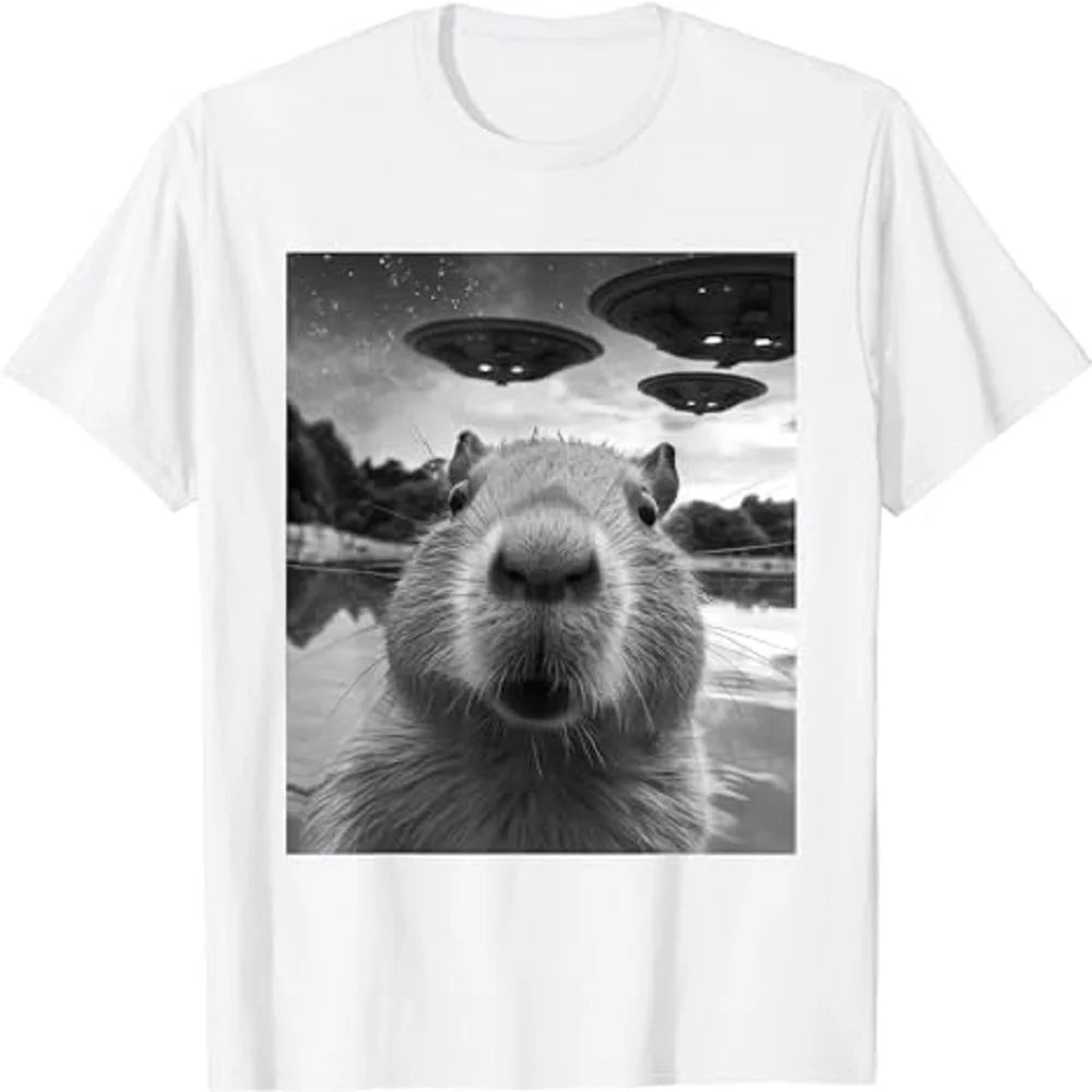 Funny Graphic Tee Capybara Selfie with UFOs Weird T-Shirt 80154