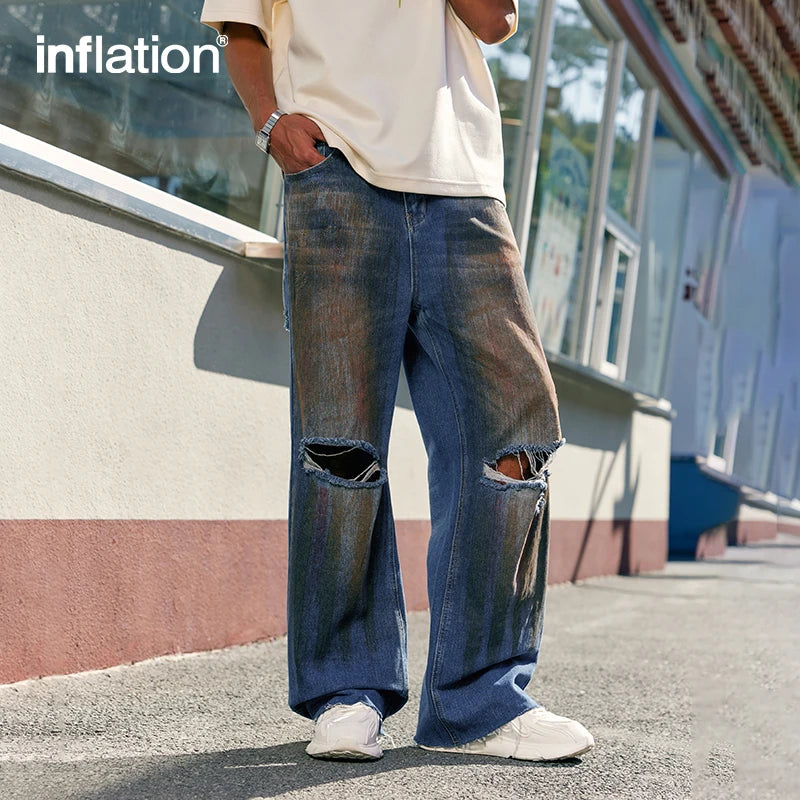 INFLATION Faded Effect Wide Leg Denim Pants Men Streetwear Distressed Loose Fit Ripped Jeans