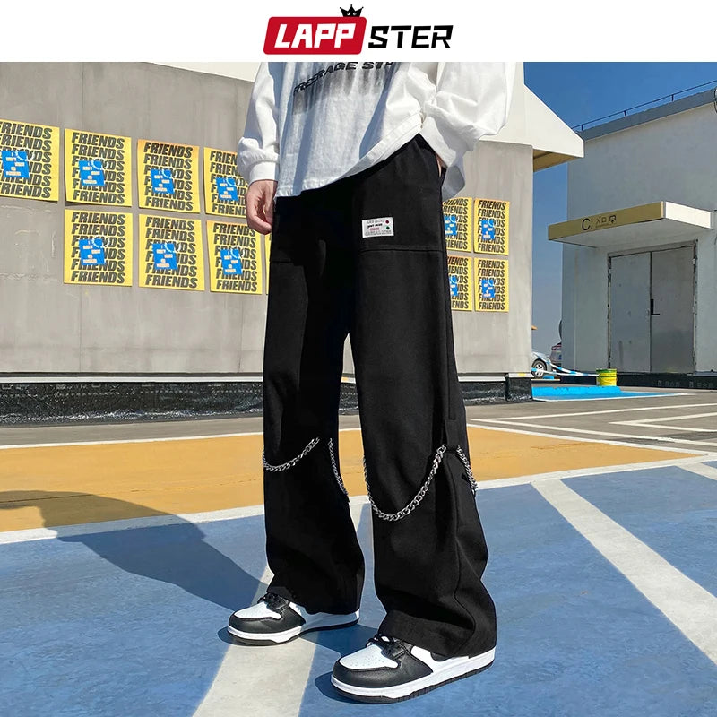 LAPPSTER Men Black Y2k Streetwear Harajuku Sweatpants 2023 Overalls Mens Korean Fashions Baggy Pants Free Chain Japanese Joggers