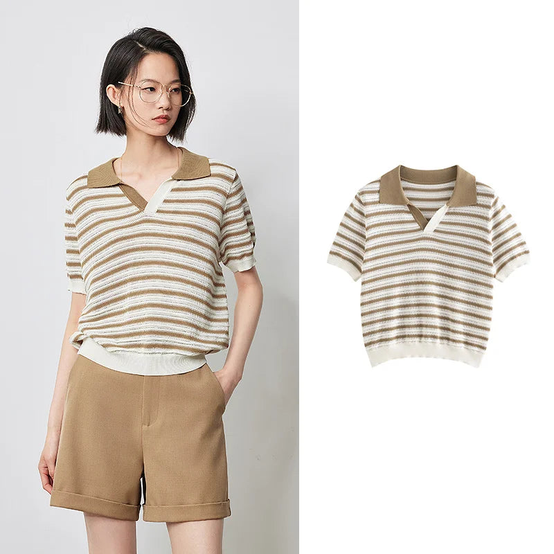 TOYOUTH Women Knitwear 2024 Summer New Striped Polo Collar Hollow Out Casual Short Sleeved Tops for Women