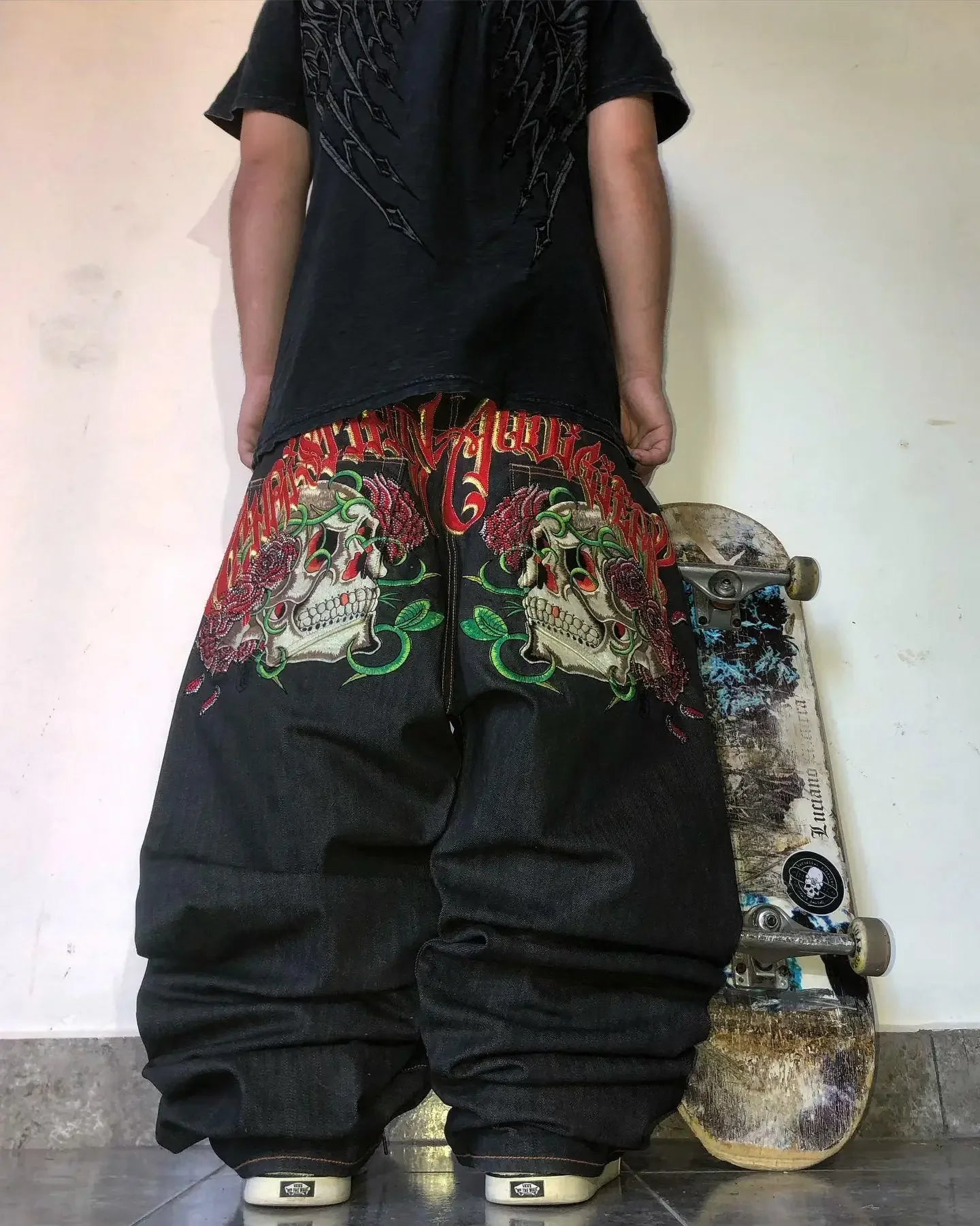 Retro Y2k Pants Hip Hop Goth Oversized Skull Pattern Baggy Jeans Wide Legs Low Waist Sports Skateboard Denim Trousers Streetwear