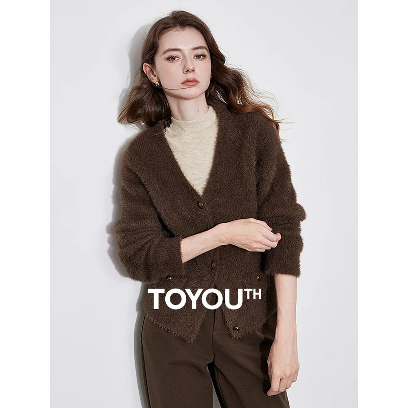 TOYOUTH Women Knitted Cardigan 2024 Autumn Winter New Old Money Style Fur V Neck Single Breasted Button Sweater