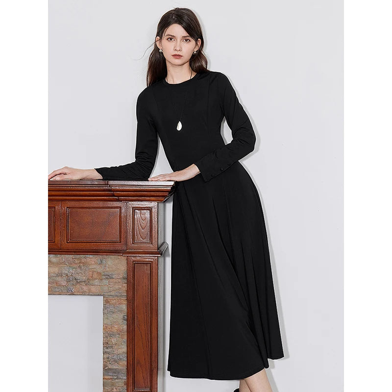 TOYOUTH Women Long Sleeve Dress 2024 Autumn New Long Sleeve Round Neck Slim Waist Black Casual Dress