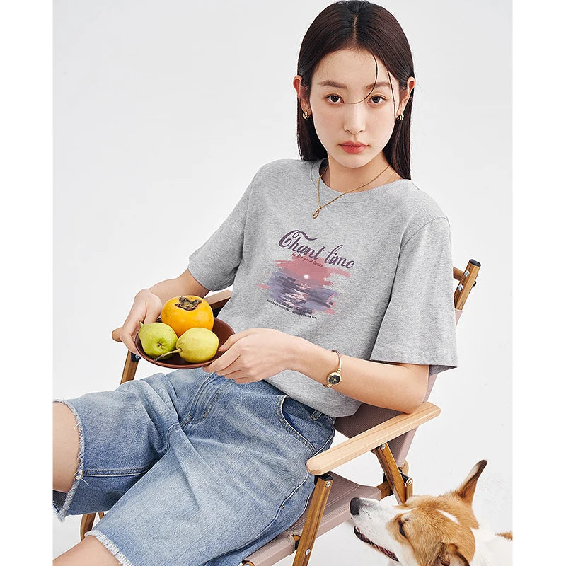 Toyouth Women T-shirt 2023 Spring Short Sleeve O Neck Loose Tees Cute Graphic Print Four Colors Pure Cotton Comfort Casual Tops