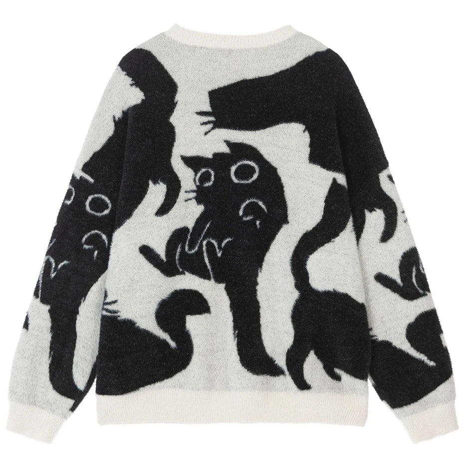 Cartoon Cats Sweater Unisex 2024 New Loose Casual Knitted Sweater Pullover Jumper Harajuku Oversized Hip Hop Sweater Y2K Black