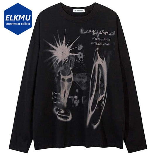 Punk Gothic Long Sleeve T-shirts 2024 New Men Streetwear Harajuku Graphic T Shirt Hip Hop Oversized Black Tee Tops Y2K