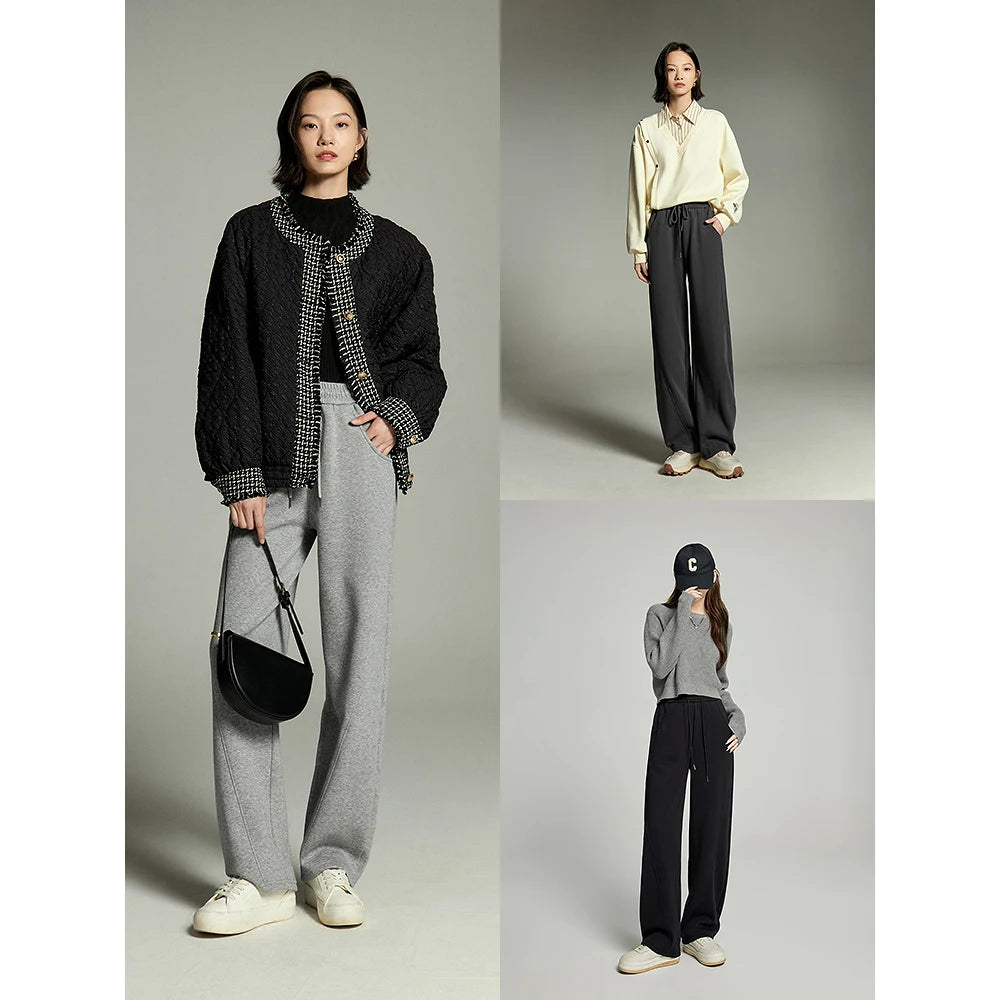 Toyouth Women Plush Sweatpants 2023 Winter Drawstring Waist Straight Loose Wide-leg Trousers Casual Versatile Sport Pants