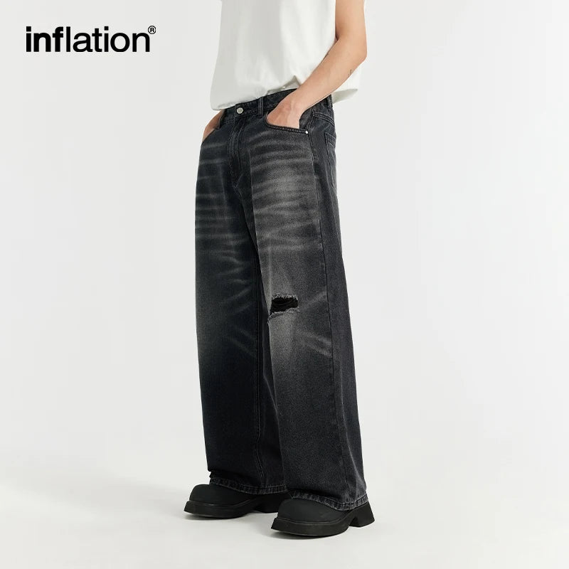 INFLATION Retro Washed Straight Denim Trousers Men High Street Ripped Wide Leg Jeans