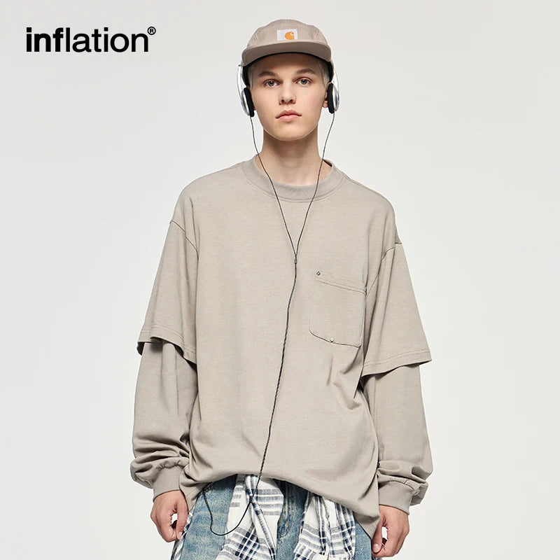 INFLATION Fake Two-Piece Long-Sleeve Tees for Unisex Minimalist Oversized Tshirts With Pocket