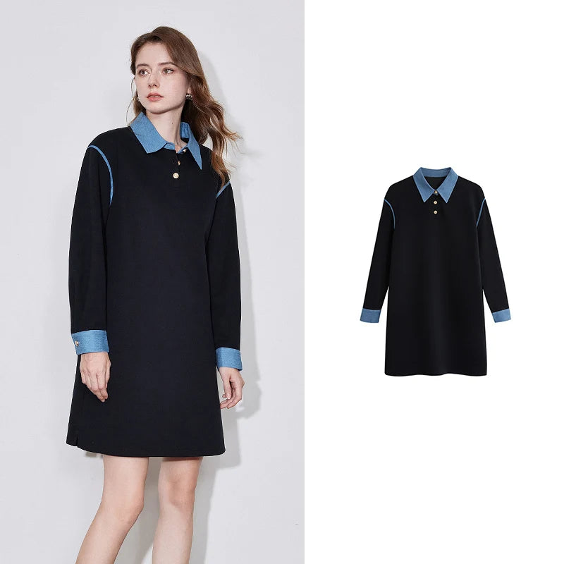 TOYOUTH Women Casual Dress 2024 Autumn Winter New Cowboy Splicing Turn Down Collar Straight Long Sleeve Knee Length Black Dress