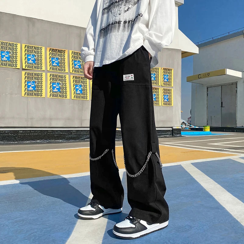 LAPPSTER Men Black Y2k Streetwear Harajuku Sweatpants 2023 Overalls Mens Korean Fashions Baggy Pants Free Chain Japanese Joggers