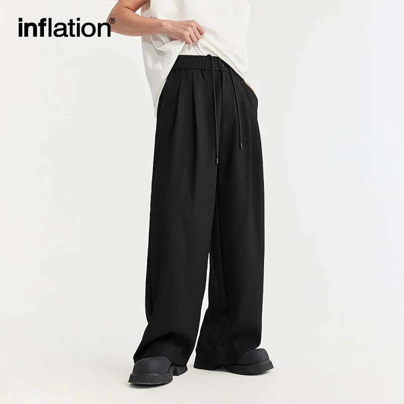 INFLATION Black Wide Leg Suit Pants Men 2024 Trendy Elastic Waist Drape Casual Trousers Unisex