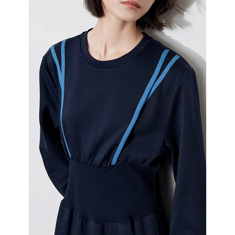 TOYOUTH Women Casual Dress 2024 Autumn Winter New Ribbon Splicing Contrasting Color Slim Waist Casual Dress