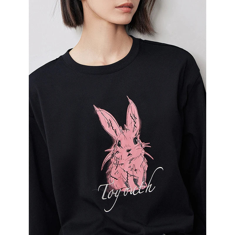 TOYOUTH Women Long Sleeve T-shirt 2024 Autumn New Rabbit Printed Pullover White Tops