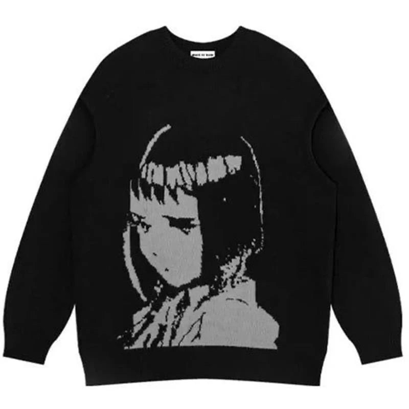 Oversized Sweater Men Women Harajuku Anime Girl Graffiti Vintage Knitted Sweater 2023 Winter Unisex Cotton Pullover Streetwear