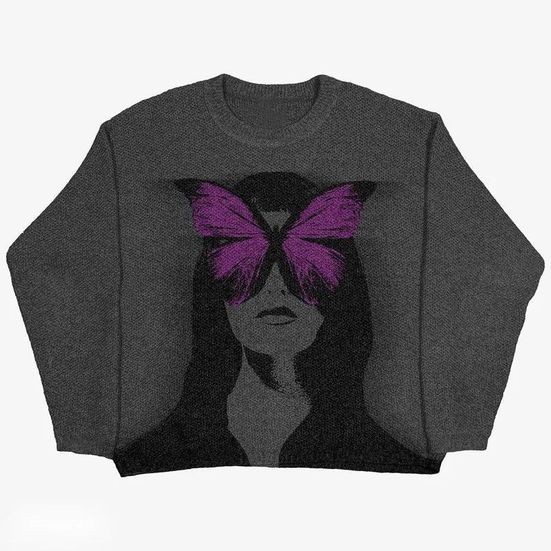 Butterfly Anime Girl Knitwear Sweater Pullovers 2024 Winter Harajuku Y2k Vintage Men's Jumpers Wool Women's Sweater Sweatshirts