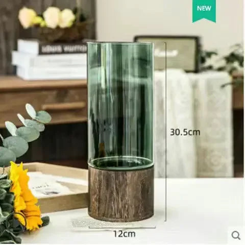 Vases Simple European Hydroponic Plant Household Living Room Table  Inserted Flower Wood Base Transparent Glass Vase Home Decor
