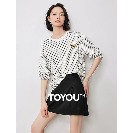 TOYOUTH Women Long Sleeve T-shirt 2024 Autumn New Striped Round Neck Pullover Fashion Versatile Tops