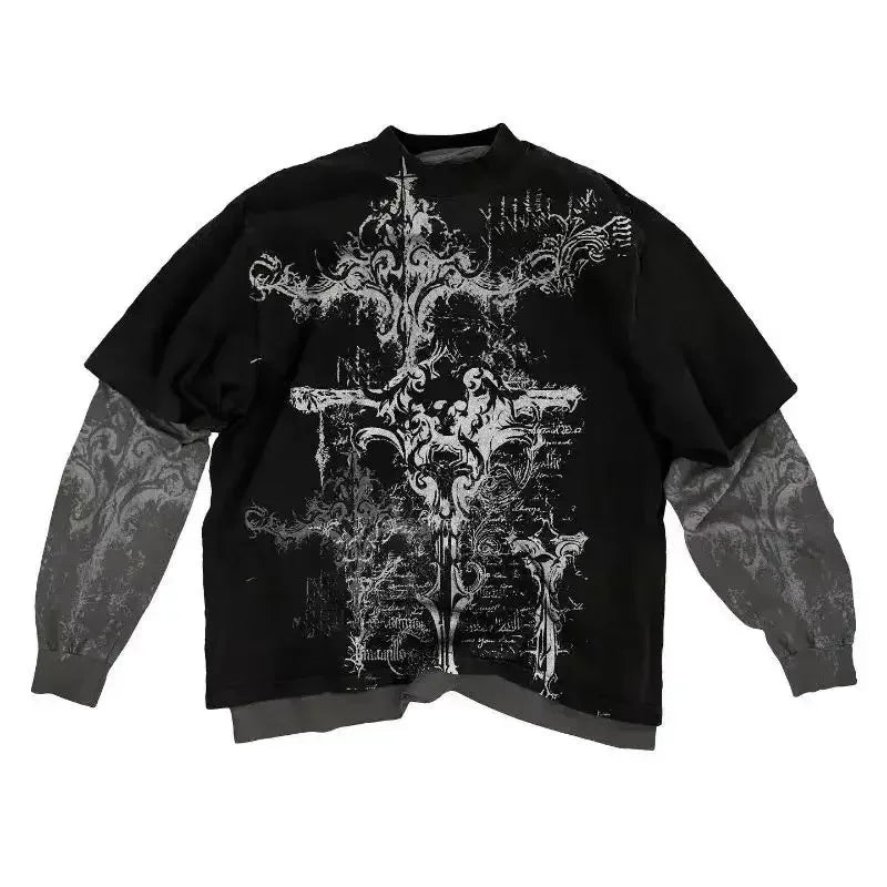 Affliction Long sleeved Tops New American Retro Washed Round Neck Fake Two piece Shirt Y2K Skull Print Trend Street Casual Shirt