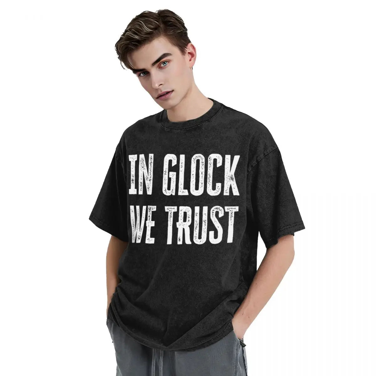 Washed T Shirts In Glock We Trust Weapon Gun T-Shirts Harajuku Streetwear Cotton Summer Tops for Men Women Tee Shirt