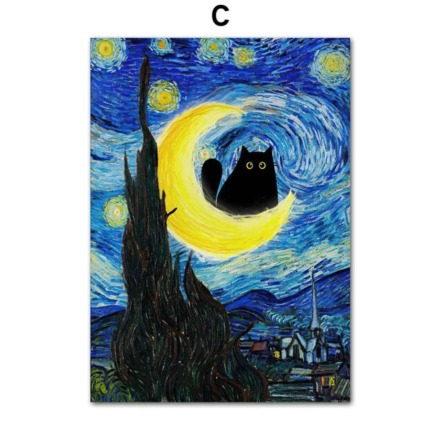 Funny Art Matisse Monet Black Cat Van Gogh Sunflowers Canvas Painting Posters and Prints Wall Pictures for Living Room Decor