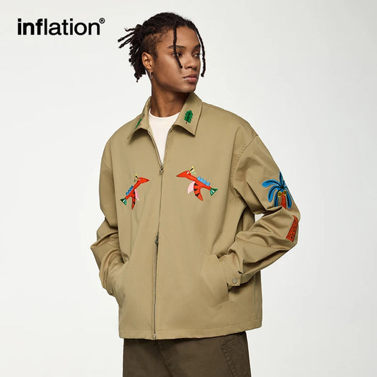 INFLATION Men's Cartoon Embroidery Shorten Jacket American Street Style Turn Down Outerwear