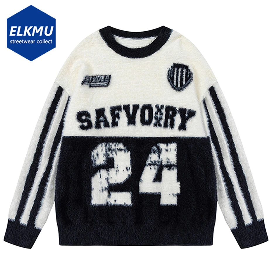 2024 Men's Streetwear Hip Hop Sweaters Color Block Patchwork Oversized Knit Sweater Pullover Jumper Harajuku Y2K Sweaters