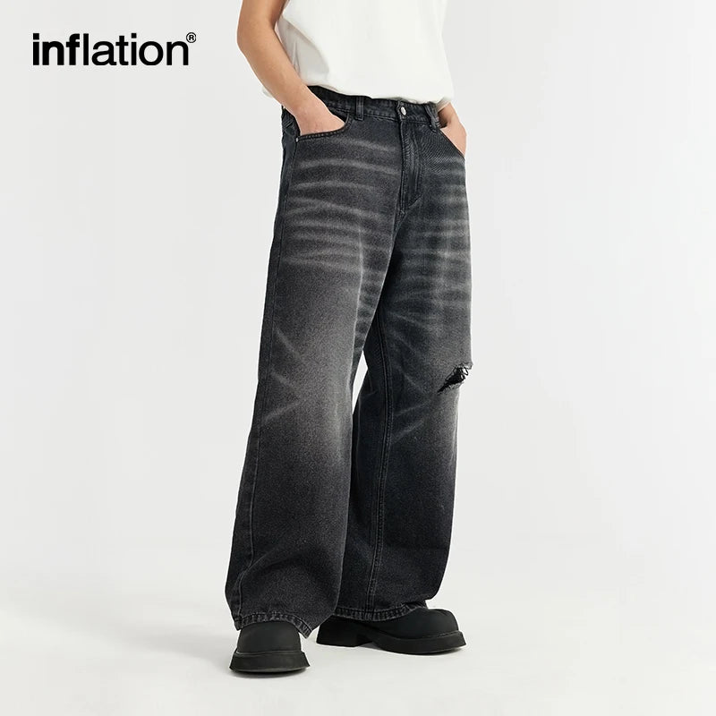 INFLATION Retro Washed Straight Denim Trousers Men High Street Ripped Wide Leg Jeans