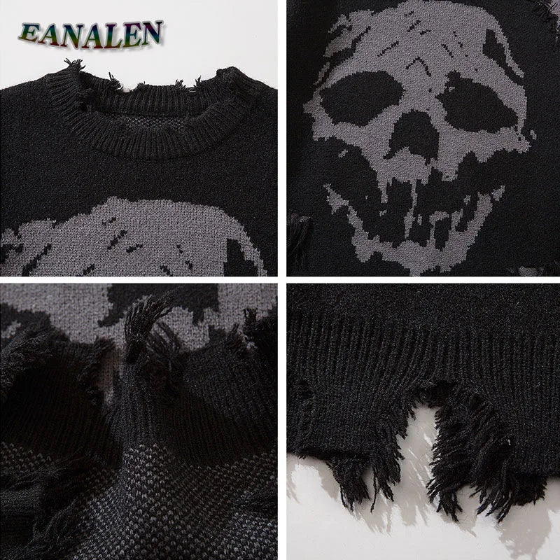 Harajuku Retro Black Broken Sweater Men's Winter Oversized Demon Skull Pullover Rock Jumper Knitted Grandpa Ugly Sweater Women's