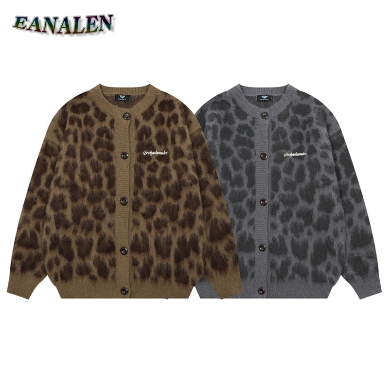 Harajuku Vintage Leopard Graphic Sweater Cardigan Women's Winter Casual Oversized Designer Jumper Grandpa Ugly Sweater Coat Y2K