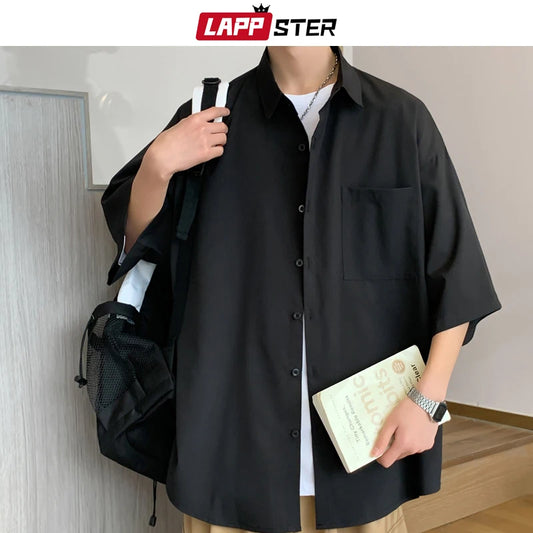 LAPPSTER Ice Solid Korean Pockets Shirts Blouses 2023 Summer Smooth Short Sleeve Shirt Japanese Streetwear Oversize Cargo Shirts