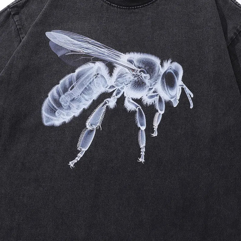 Vintage Black Oversized T-Shirt Bee Microscope Graphic Print Washed Tshirt Hip Hop Loose Punk Streetwear 2024 Harajuku Tee Tops