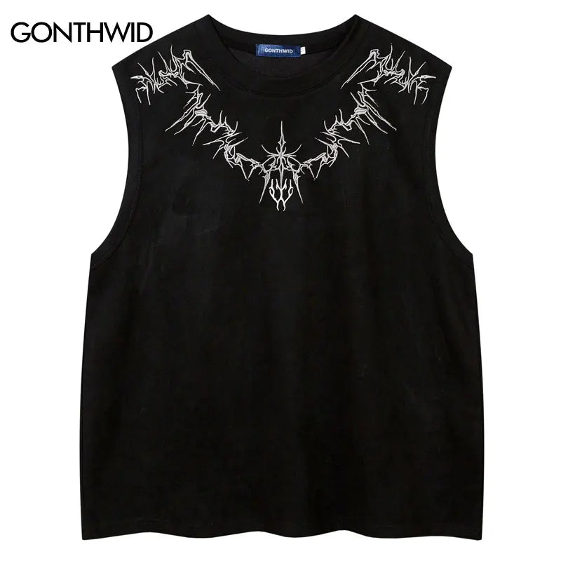 Vintage Suede Tank Top Y2K Embroidery Sleeveless Vest T-Shirt Streetwear 2024 Men Harajuku Hip Hop Loose Punk Gothic Tops Shirts