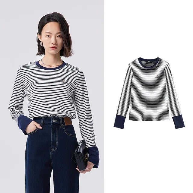 Toyouth Women Striped Tees 2024 Autumn Long Sleeve Round Neck Slim Stretch T-shirt Navy White Stripe Embroidery Casual Tops