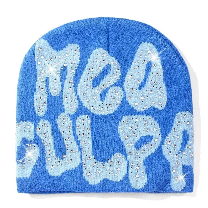 2023 NEW Y2K MEA Culpa Beanies Hat with Rhinestone for Women Men Beanies Hats Hip-hop Soft Stretch Warm Knitted Slouchy Cap