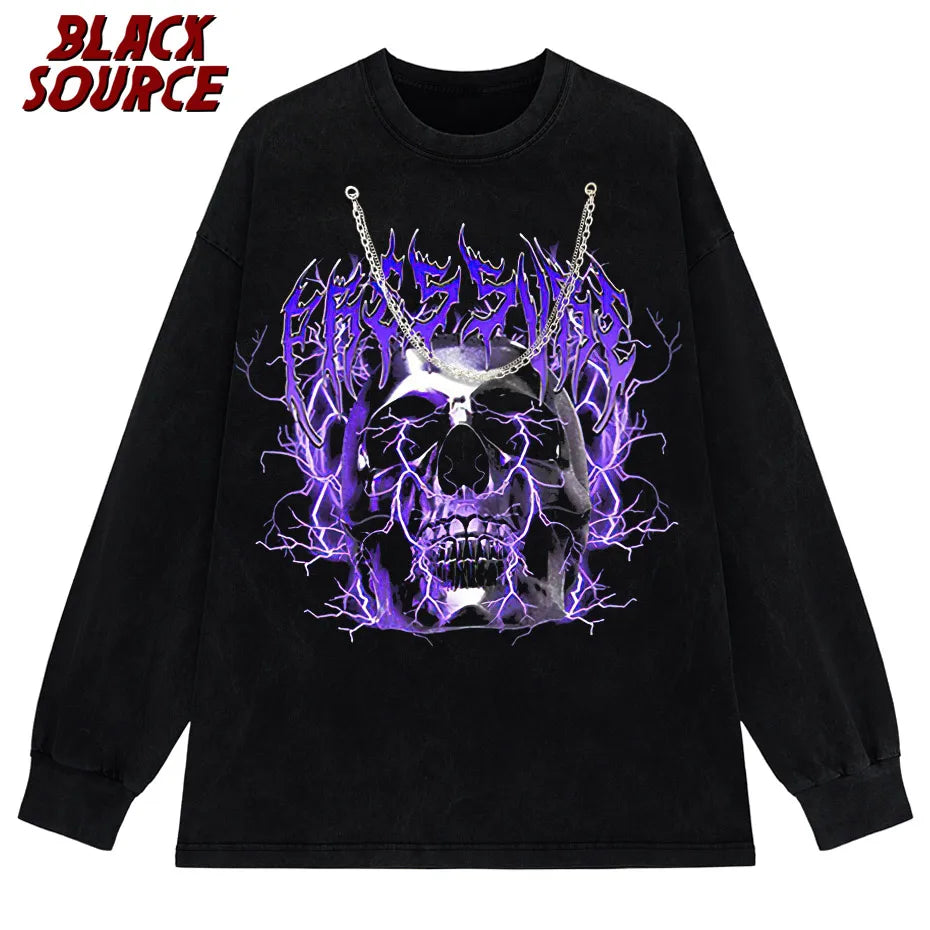 Y2K Hip Hop Black Oversized Cotton T-Shirt Gothic Skull Purple Print Harajuku Retro Aesthetic Gothic Graphic Punk Clothes