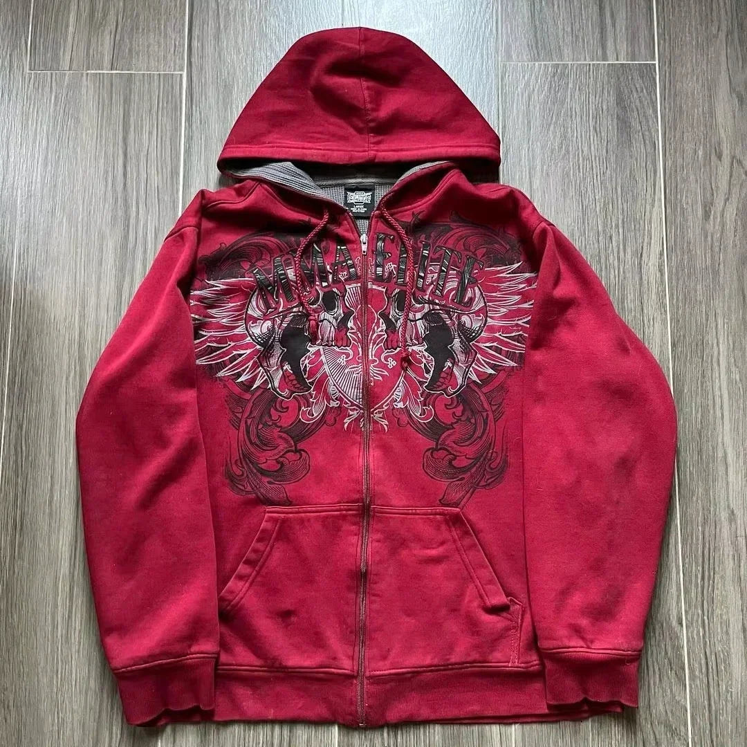 Y2K Fashion Zip up Hoodie New Gothic Oversize Pattern Print Embroidery Hoodie Coat For Men Loose Sweatshirt Couple Casual Hoodie