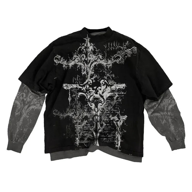 Streetwear Affliction Long sleeved T shirt Fashion Round Neck Oversized T shirt New Mens Womens Y2K Casual Gothic Clothing Tops