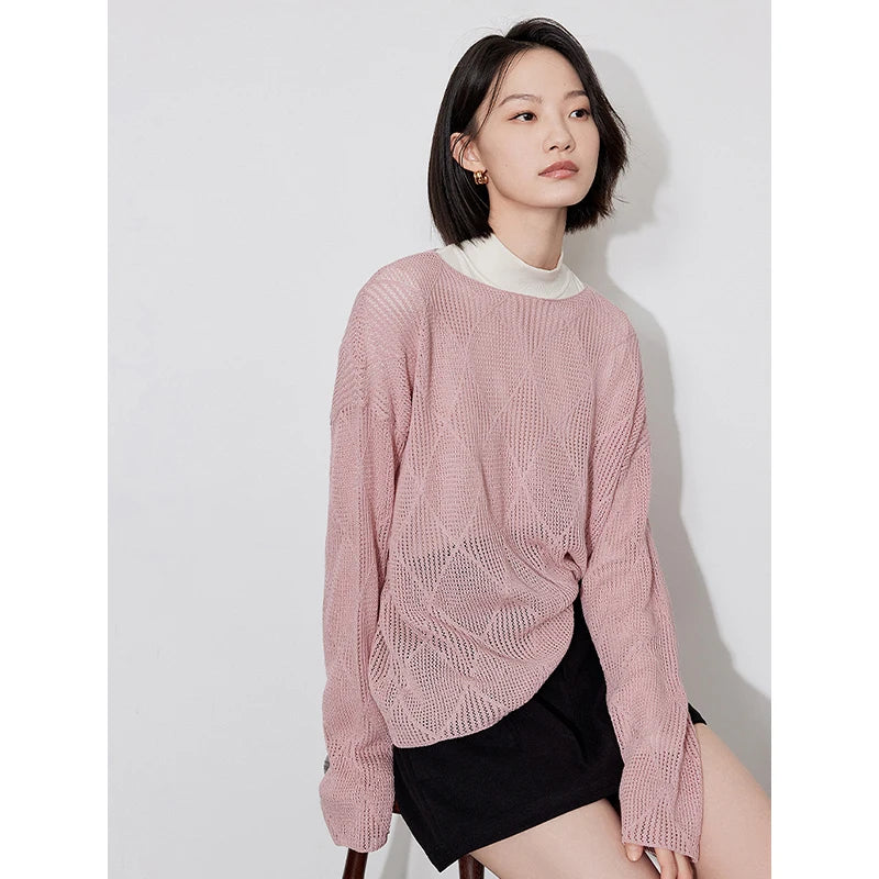 TOYOUTH Women Knitted Sweater 2024 Autumn New Style Diamond Hallow Out Pullover Round Neck Tops