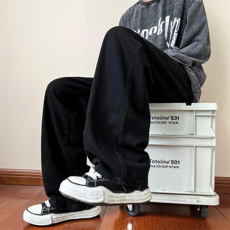 LAPPSTER Men Grey Streetwear Baggy Jeans 2023 Mens Kpop Solid Denim Pants Couple High Waisted Vintage Oversized Joggers Pants