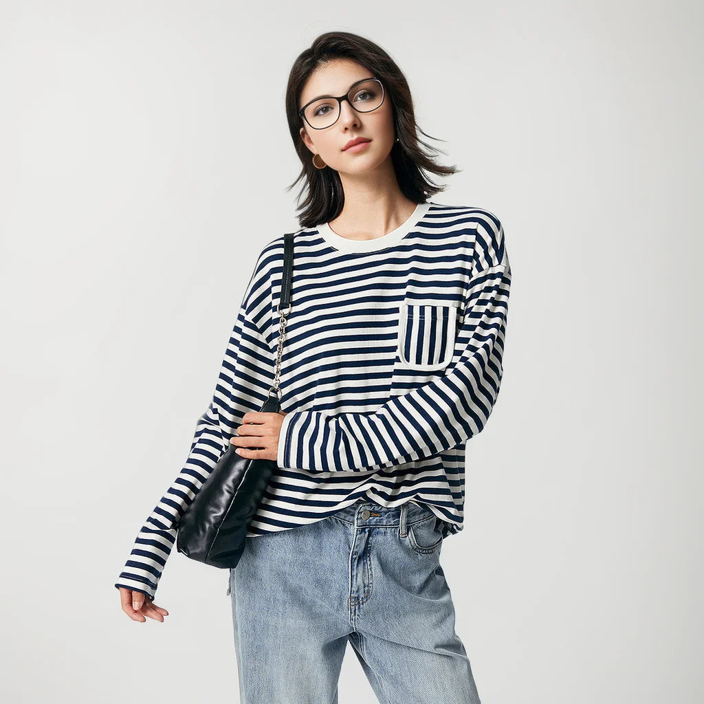 Toyouth Women Striped Tees 2024 Autumn Long Sleeve Round Neck Loose T-shirt Unique Pocket Design Dropped Shoulder Casual Tops