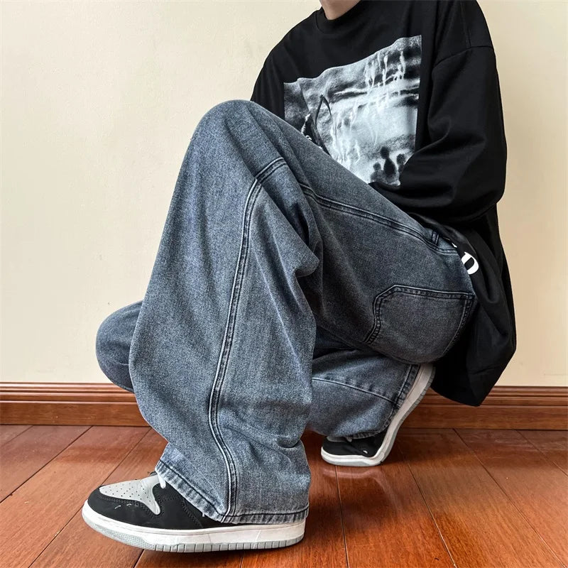 LAPPSTER Men Grey Streetwear Baggy Jeans 2023 Mens Kpop Solid Denim Pants Couple High Waisted Vintage Oversized Joggers Pants