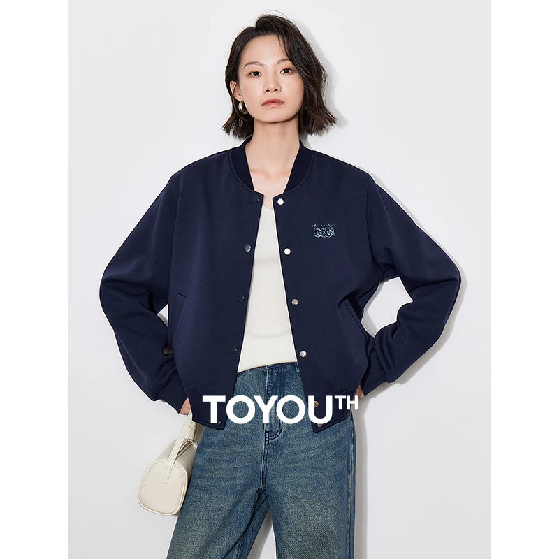 TOYOUTH Women Jacket Coat 2024 Autumn New V Neck Long Sleeve Casual Baseball Jacket Outwear Coat