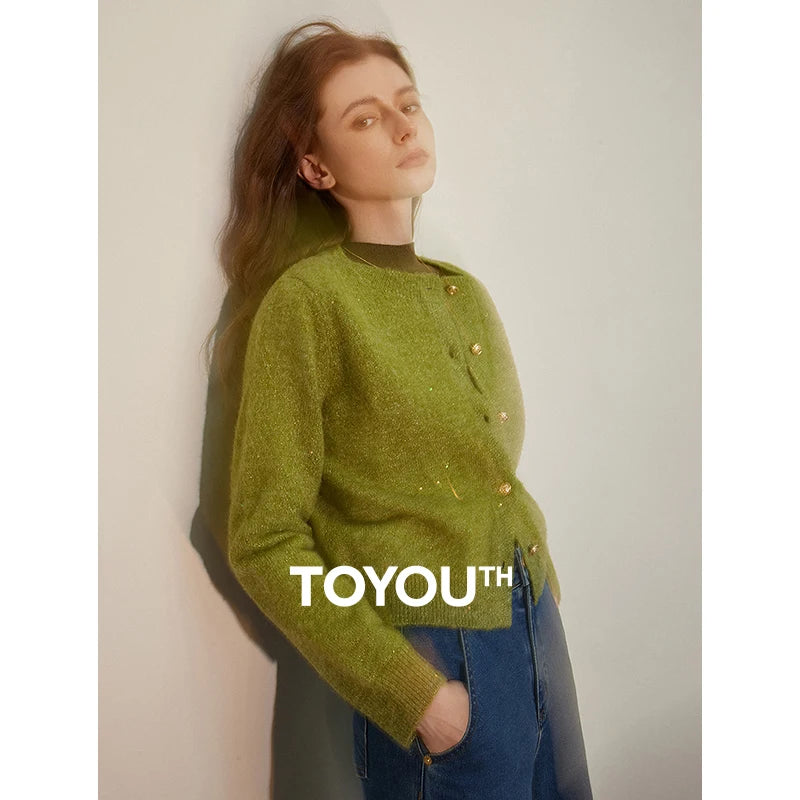 TOYOUTH Women Sweater 2024 Autumn Winter New Fashion Bead Single Breasted Button Round Neck Long Sleeve Knitted Cardigan Tops