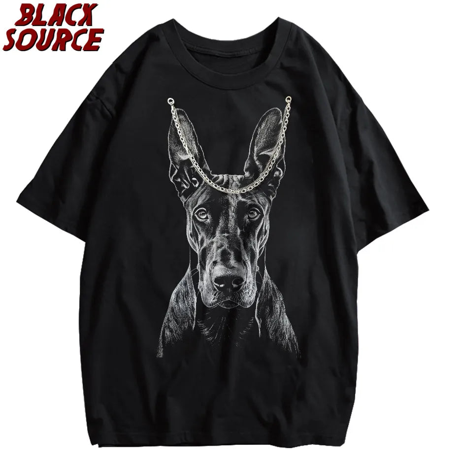 Men Streetwear Hip Hop Oversized T Shirt Funny Doberman Dog Graphic T-Shirt Vintage Washed Black Tshirt Harajuku Cotton P0843